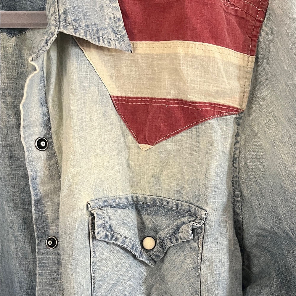 Americana Chambray Denim & Supply Blue Jean Jacket Western Shirt American Flag - Picture 6 of 8